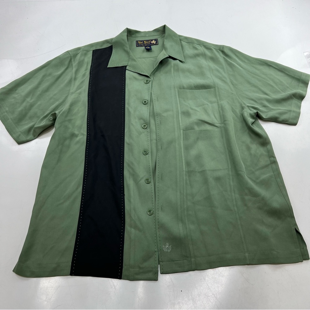 Nat Nast men’s green black striped silk button down short sleeve shirt L L117-14